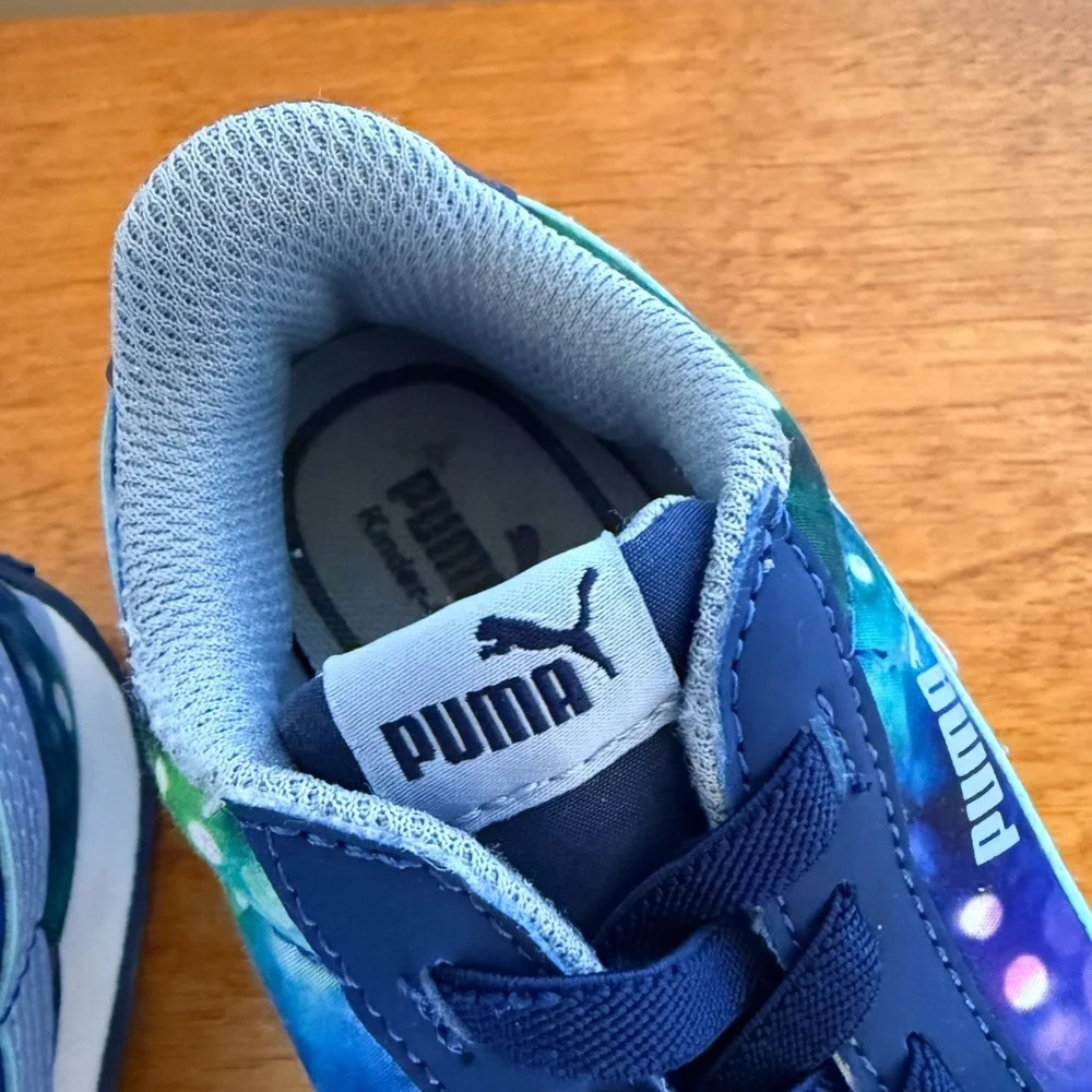 10C Puma Kids Galaxy Blue Purple Green Sneakers Pull-On Soft EUC Rubber Sole - Picture 3 of 11